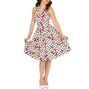 Tatyana Black & White Polka Dot halter Dress Red Cherry Print size large NWT